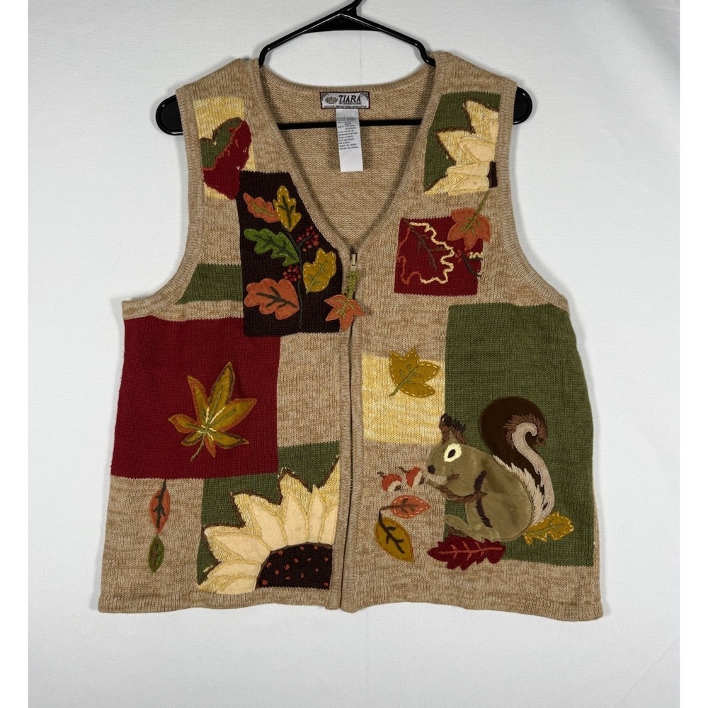 VTG Fall Teacher Cotton Vest Womens XL Embroidered Squirrel Zip Front School